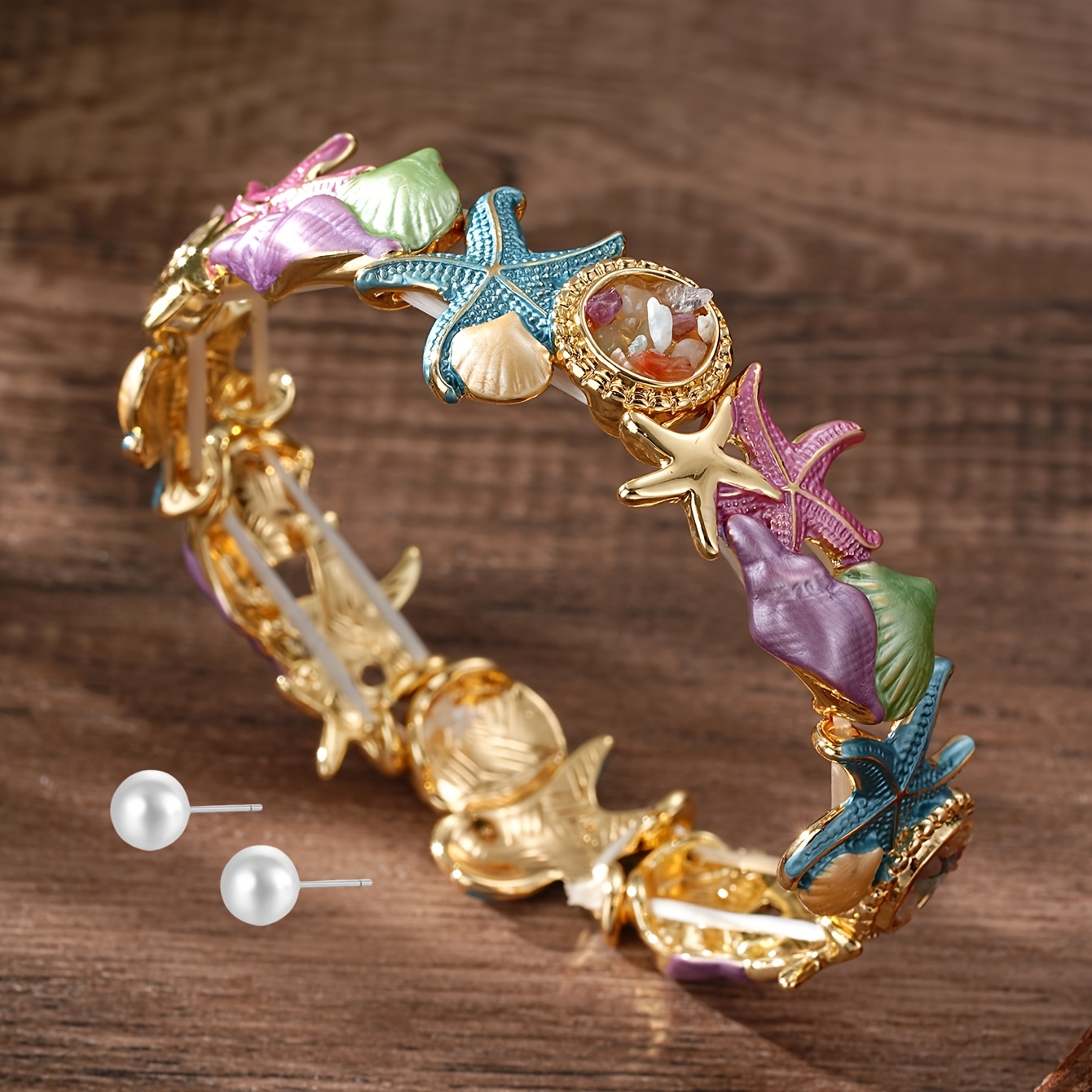 Boho Summer Coastal Starfish & Seashell Bracelet, Open Cuff